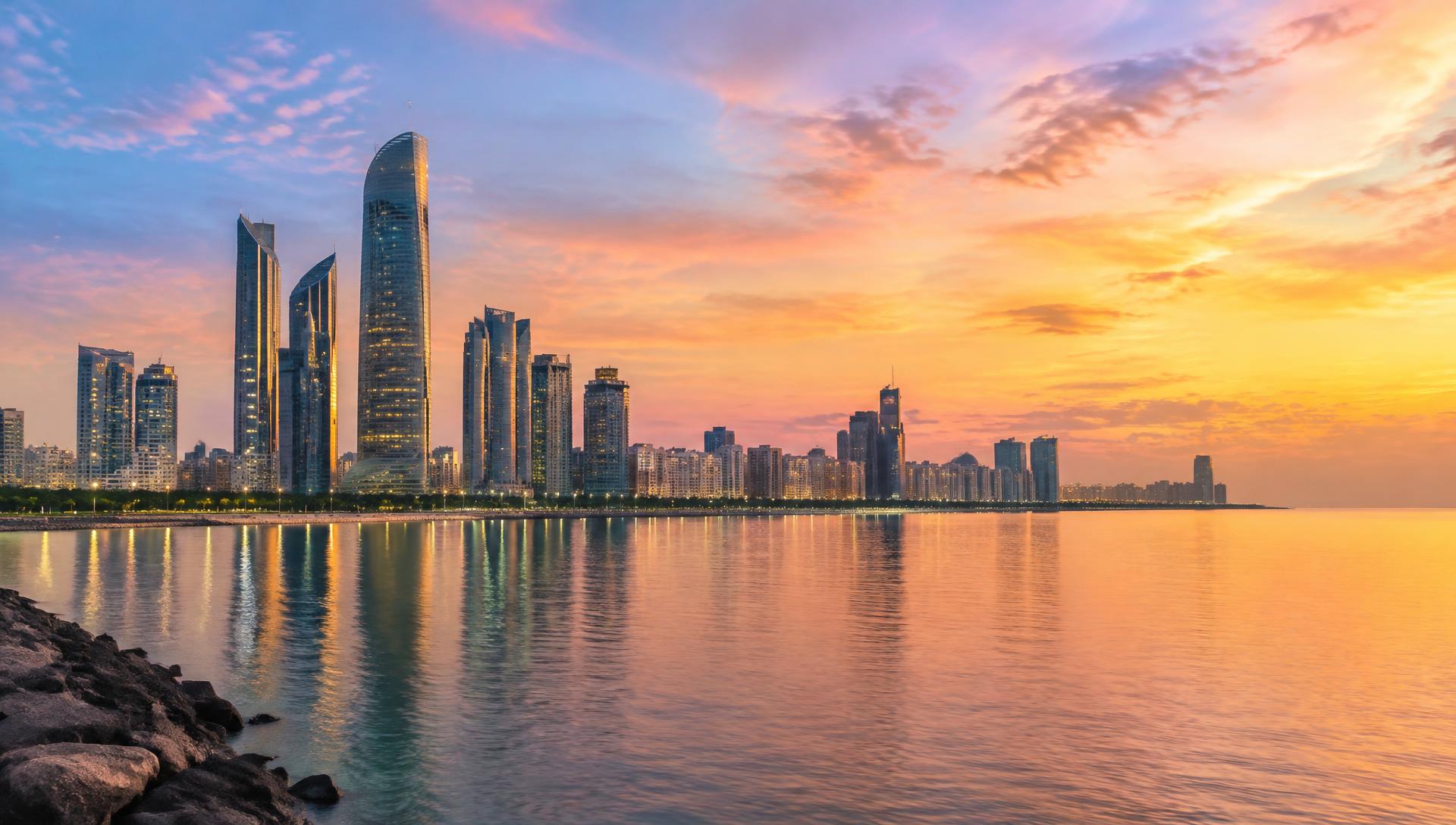 Abu Dhabi skyline and waterfront at dusk